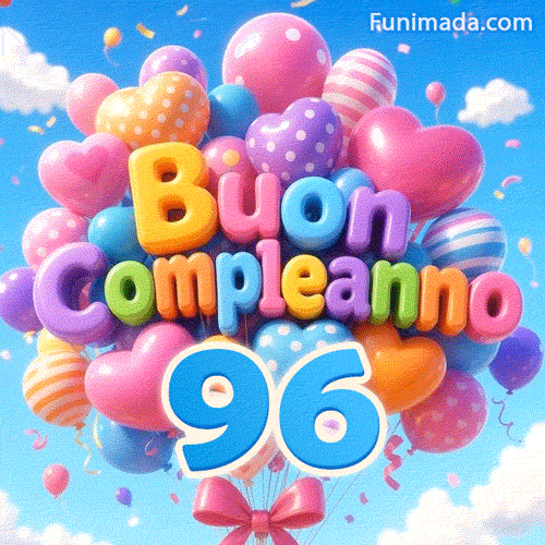 Derivando contro nuvole bianche e un cielo azzurro, questo mazzo di palloncini presenta l'iscrizione 3D Buon Compleanno e il numero azzurro 96 alla base.