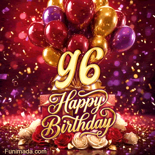 Bright balloons rise over gift boxes and roses while the golden 96 and Happy Birthday lettering shine with falling confetti in the animation
