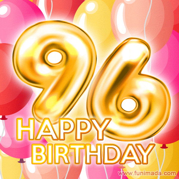 Fantastic Gold Number 96 Balloons Happy Birthday Card (Moving GIF)