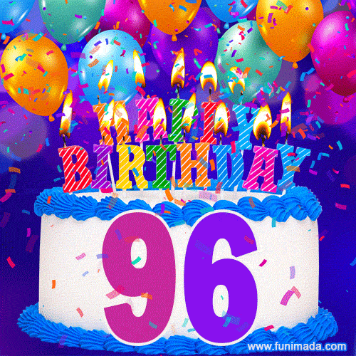 96th Birthday Cake gif: colorful candles, balloons, confetti and number 96