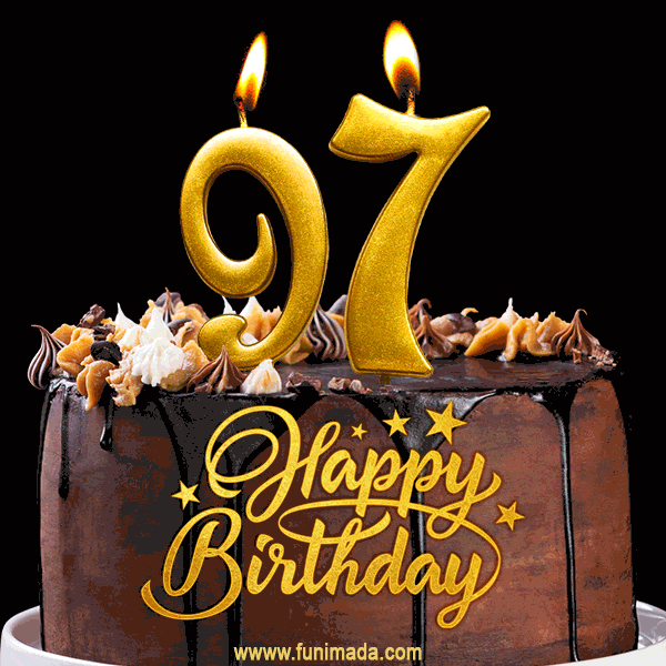 97 Birthday Chocolate Cake with Gold Glitter Number 97 Candles (GIF)