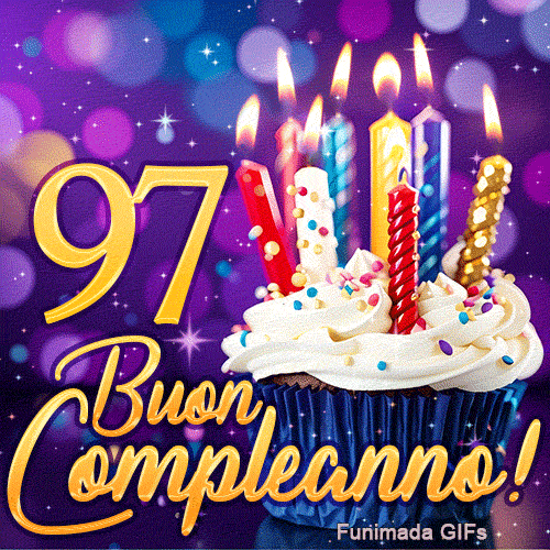 GIF di compleanno 97 anni con il numero 97 d'oro brillante, una torta festosa e scintillii di luce viola.