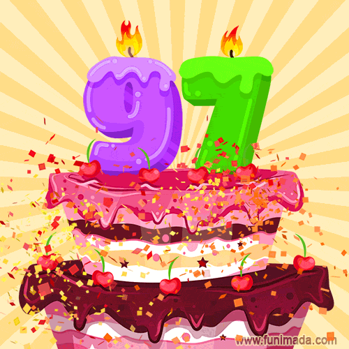 Hand Drawn 97th Birthday Cake Greeting Card (Animated Loop GIF)