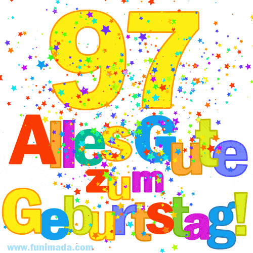 Festliches und farbenfrohes GIF-Bild zum 97. Geburtstag.