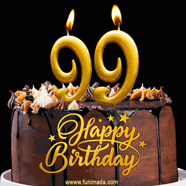 99 Birthday Chocolate Cake with Gold Glitter Number 99 Candles (GIF)