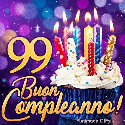 Animazione per i 99 anni con il numero 99 d'oro brillante, una tortina di festa e scintillii magici.