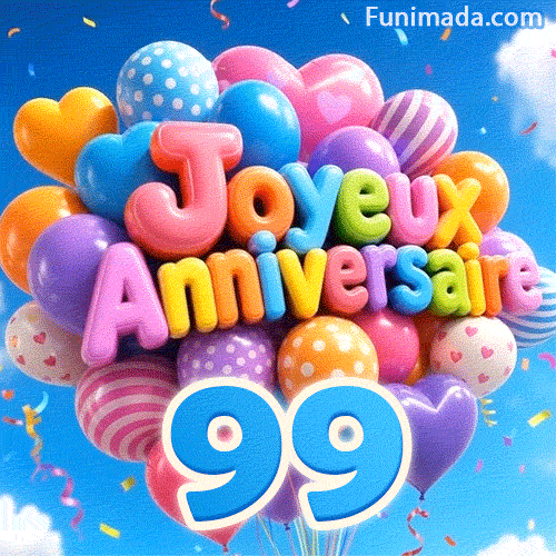 Des lettres ballons colorées lisant Joyeux Anniversaire flottent doucement dans le ciel, accompagnées du grand chiffre bleu 99 attaché en bas.