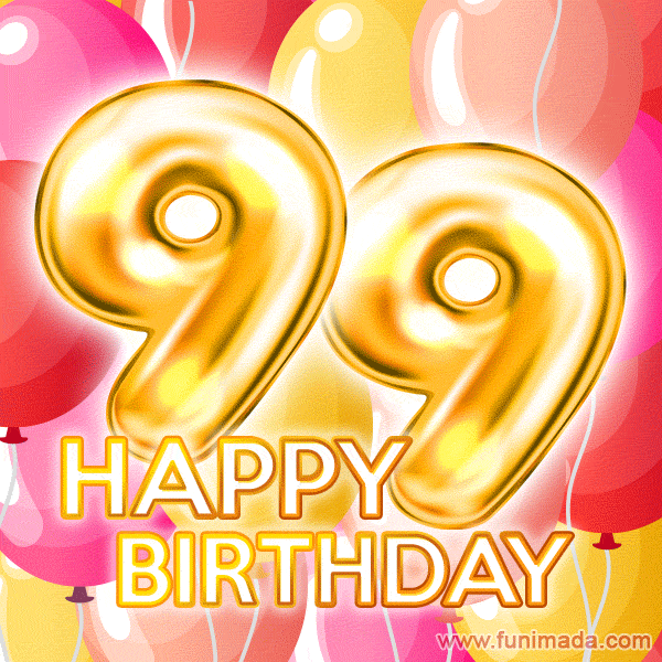 Fantastic Gold Number 99 Balloons Happy Birthday Card (Moving GIF)