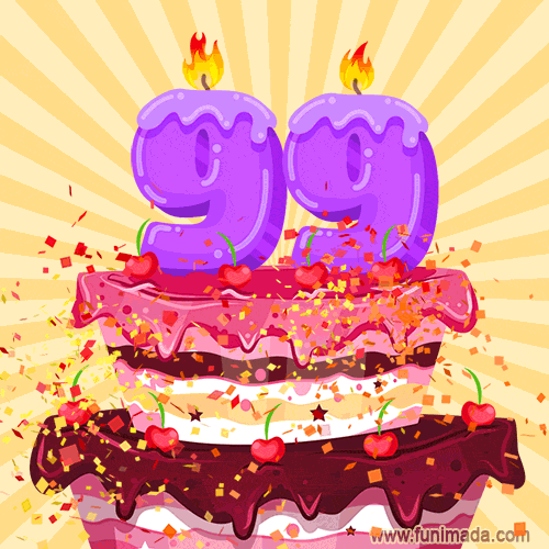 Hand Drawn 99th Birthday Cake Greeting Card (Animated Loop GIF)
