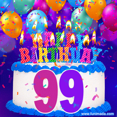 99th Birthday Cake gif: colorful candles, balloons, confetti and number 99
