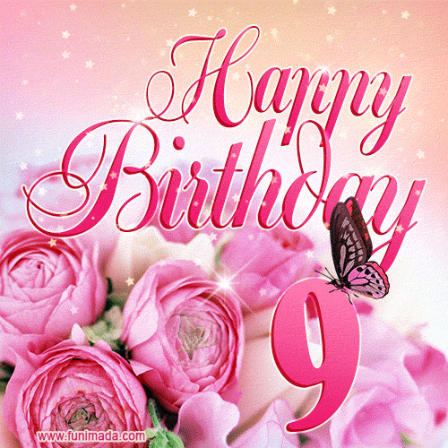 Beautiful Roses & Butterflies - 9 Years Happy Birthday Card for Her