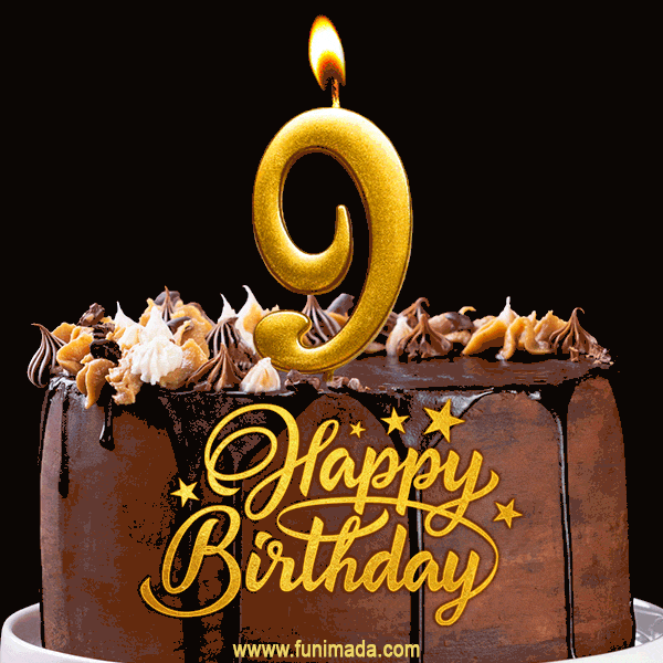 9th Birthday Chocolate Cake with Gold Glitter Number 9 Candle (GIF)