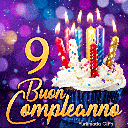 Immagine animata di Buon Compleanno 9 anni con un delizioso cupcake, candeline e sfondo viola con luci bokeh.