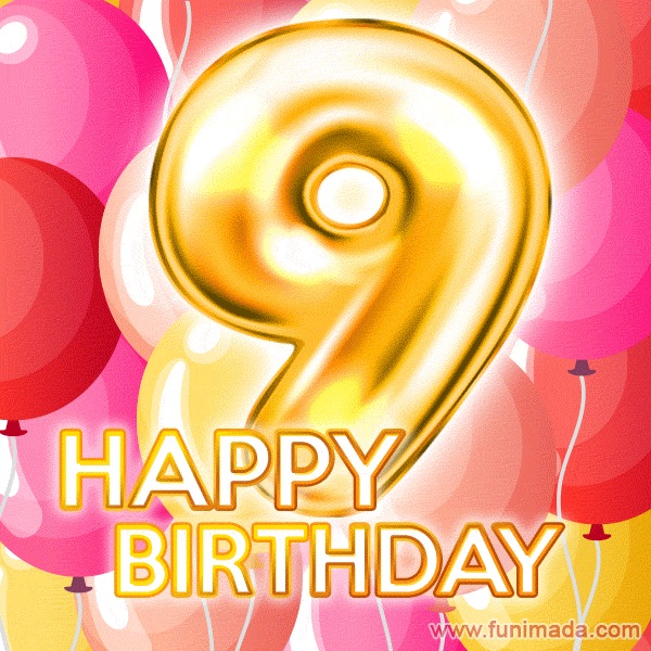 Fantastic Gold Number 9 Balloons Happy Birthday Card (Moving GIF)