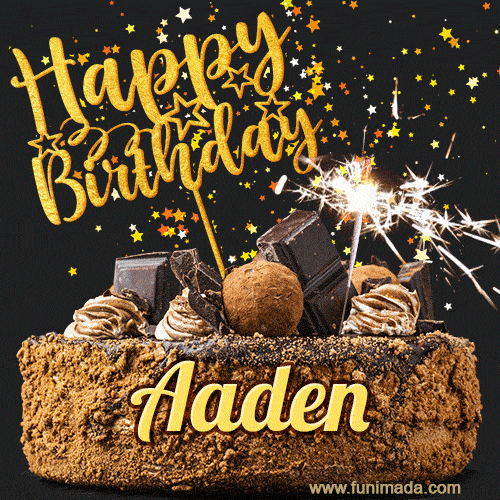 Celebrate Aaden's birthday with a GIF featuring chocolate cake, a lit sparkler, and golden stars