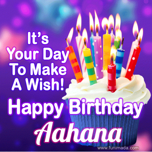 A colorful birthday GIF for Aahana featuring a cupcake with vibrant lit candles and the text 'It's Your Day to Make a Wish! Happy Birthday Aahana' in bold letters on a festive purple background.