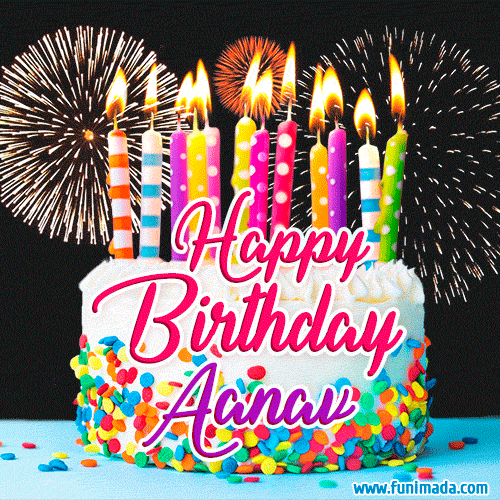 Amazing Animated GIF Image for Aanav with Birthday Cake and Fireworks