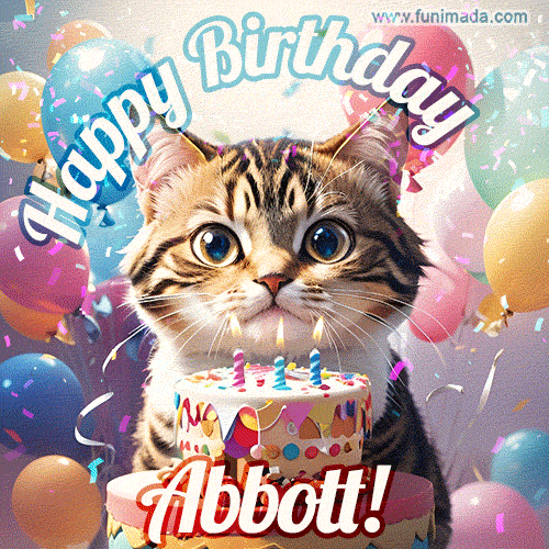 Happy birthday gif for Abbott with cat and cake
