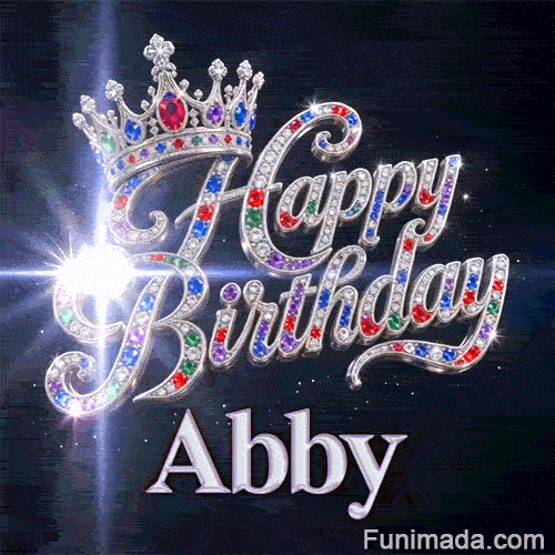 Custom birthday GIF for Abby showing glittering diamond-encrusted letters and a royal crown on a dark starry background.