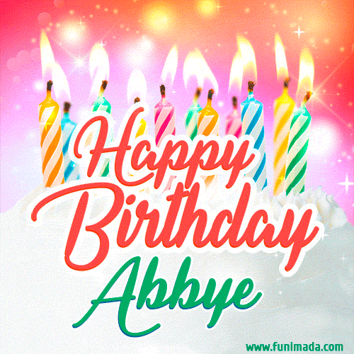 Bright birthday candles with rainbow flames on a cake, alongside the text 'Happy Birthday Abbye' in vibrant script in this celebratory animated GIF.