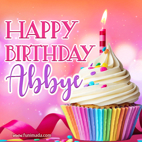 A vibrant birthday GIF featuring a rainbow-colored cupcake topped with white frosting, sprinkles, and a lit candle. The text reads 'Happy Birthday Abbye' in bold pink and violet letters with white outline.