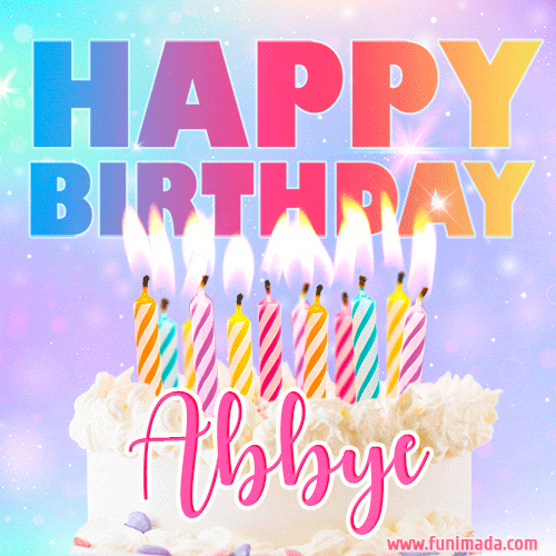 A vibrant animated name GIF with the words 'Happy Birthday Abbye' with colorful candles on a creamy cake. The background sparkles with pastel shades, adding a festive touch.