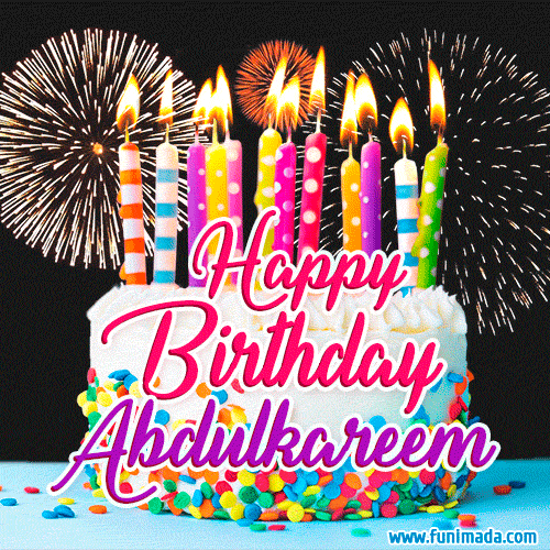 Amazing Animated GIF Image for Abdulkareem with Birthday Cake and Fireworks