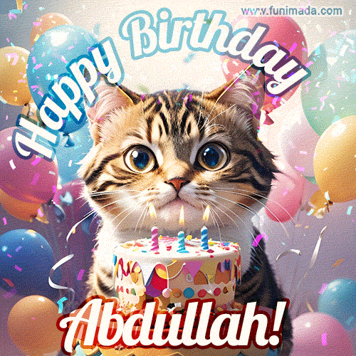Happy birthday gif for Abdullah with cat and cake