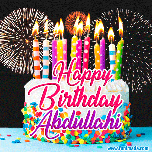 Amazing Animated GIF Image for Abdullahi with Birthday Cake and Fireworks