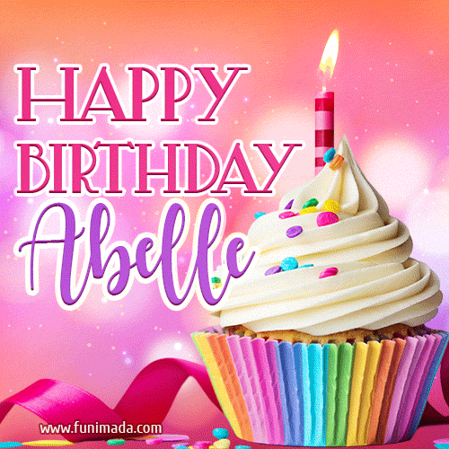 A vibrant birthday GIF featuring a rainbow-colored cupcake topped with white frosting, sprinkles, and a lit candle. The text reads 'Happy Birthday Abelle' in bold pink and violet letters with white outline.