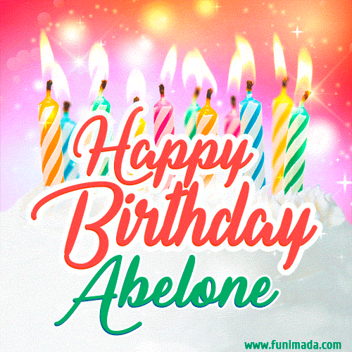 Bright birthday candles with rainbow flames on a cake, alongside the text 'Happy Birthday Abelone' in vibrant script in this celebratory animated GIF.