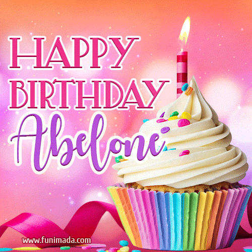 A vibrant birthday GIF featuring a rainbow-colored cupcake topped with white frosting, sprinkles, and a lit candle. The text reads 'Happy Birthday Abelone' in bold pink and violet letters with white outline.