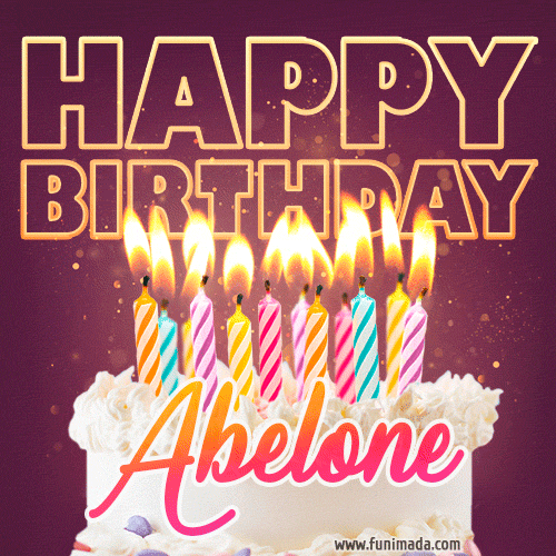 A colorful birthday cake topped with lit candles, with the words 'Happy Birthday Abelone' in bold glowing letters on a burgundy background. Animated flames add a festive touch.