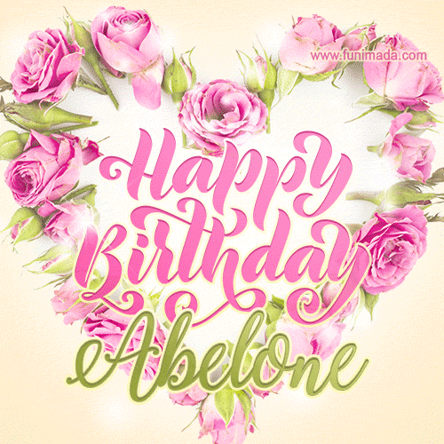 A stunning heart made of pink roses surrounds the elegant script text 'Happy Birthday Abelone' on a soft beige background. Animated sparkles add a magical and festive feel.
