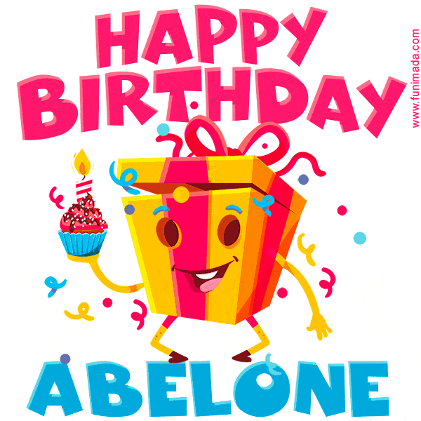 A vibrant and funny gift box character with a happy face dancing with a cupcake and the text 'Happy Birthday Abelone,' surrounded by animated confetti and party vibes.