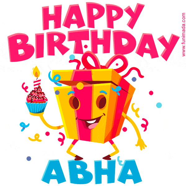 A vibrant and funny gift box character with a happy face dancing with a cupcake and the text 'Happy Birthday Abha,' surrounded by animated confetti and party vibes.
