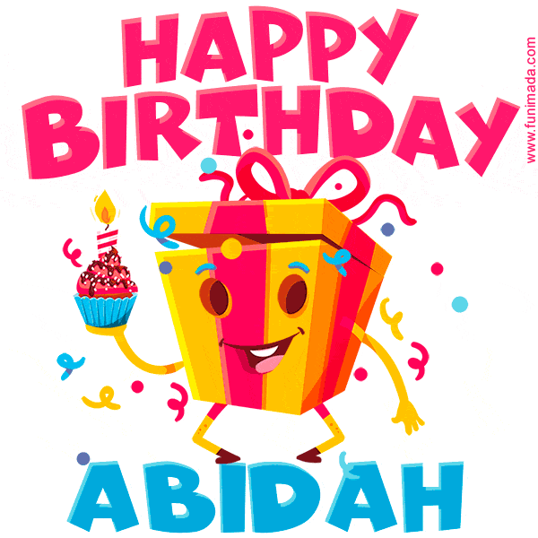 A vibrant and funny gift box character with a happy face dancing with a cupcake and the text 'Happy Birthday Abidah,' surrounded by animated confetti and party vibes.