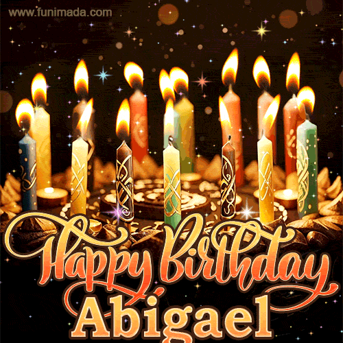 A glowing personalized birthday GIF with name Abigael featuring lit candles with intricate designs, warm lighting, and the text 'Happy Birthday' in an elegant font.