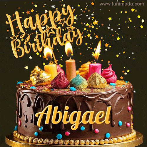 A delightful chocolate birthday cake with bright candles and 'Happy Birthday Abigael' written in gold amidst a shower of animated stars.