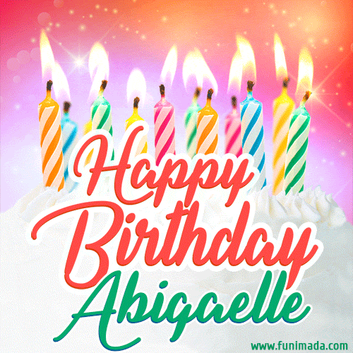 Bright birthday candles with rainbow flames on a cake, alongside the text 'Happy Birthday Abigaelle' in vibrant script in this celebratory animated GIF.
