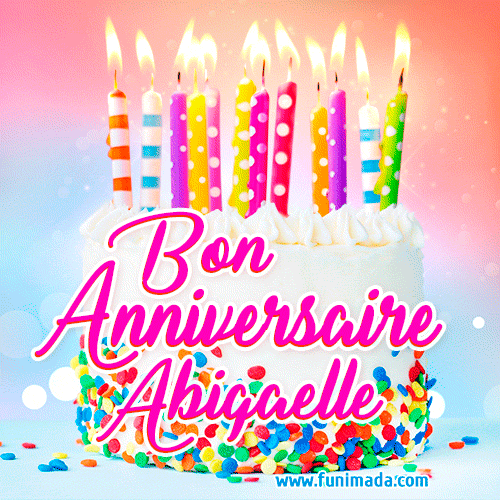 A white birthday cake covered in colorful sprinkles, topped with bright candles, and French text 'Bon Anniversaire Abigaelle' on a pastel gradient background in an animated GIF.