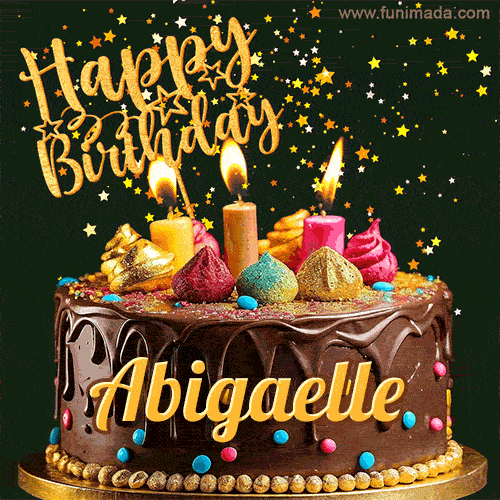 A delightful chocolate birthday cake with bright candles and 'Happy Birthday Abigaelle' written in gold amidst a shower of animated stars.