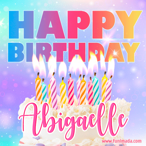 A vibrant animated name GIF with the words 'Happy Birthday Abigaelle' with colorful candles on a creamy cake. The background sparkles with pastel shades, adding a festive touch.