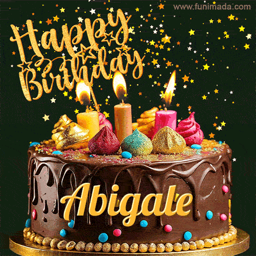 A delightful chocolate birthday cake with bright candles and 'Happy Birthday Abigale' written in gold amidst a shower of animated stars.
