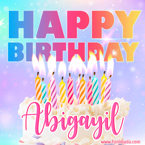A vibrant animated name GIF with the words 'Happy Birthday Abigayil' with colorful candles on a creamy cake. The background sparkles with pastel shades, adding a festive touch.