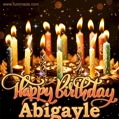 A glowing personalized birthday GIF with name Abigayle featuring lit candles with intricate designs, warm lighting, and the text 'Happy Birthday' in an elegant font.