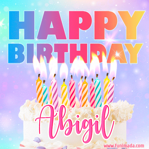 A vibrant animated name GIF with the words 'Happy Birthday Abigil' with colorful candles on a creamy cake. The background sparkles with pastel shades, adding a festive touch.