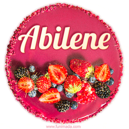 Beautifully decorated red velvet berry birthday cake with vibrant fruits and a glowing 'Abilene' name, adding a touch of sweetness and sparkle.
