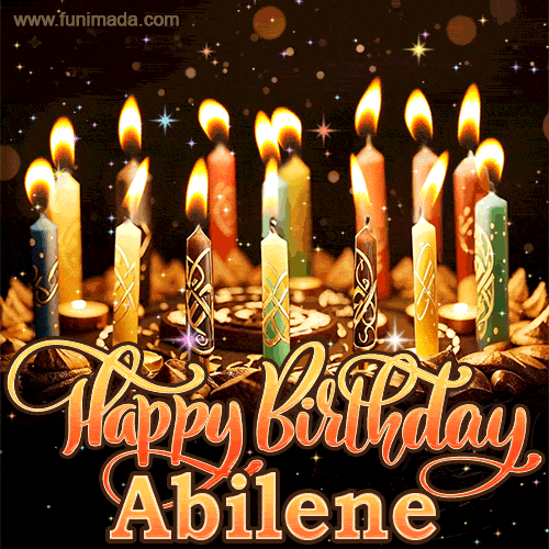 A glowing personalized birthday GIF with name Abilene featuring lit candles with intricate designs, warm lighting, and the text 'Happy Birthday' in an elegant font.