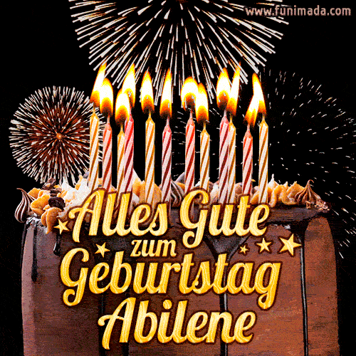 A chocolate birthday cake with glowing candles, the German text 'Alles Gute zum Geburtstag Abilene,' and vibrant fireworks lighting up the background in an animated GIF.